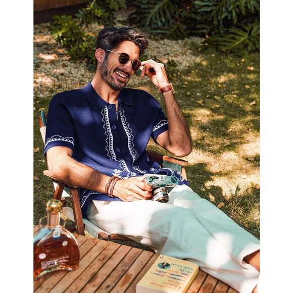 Men Navy Blue Embroidered Short Sleeve Button Up Casual Knit Shirt Stylish - Picture 4 of 5